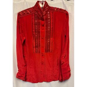 VTG 1980-90s Erez SZ 2 (Small) 100% Silk Red Heavy Embellished Blouse Detail NWT